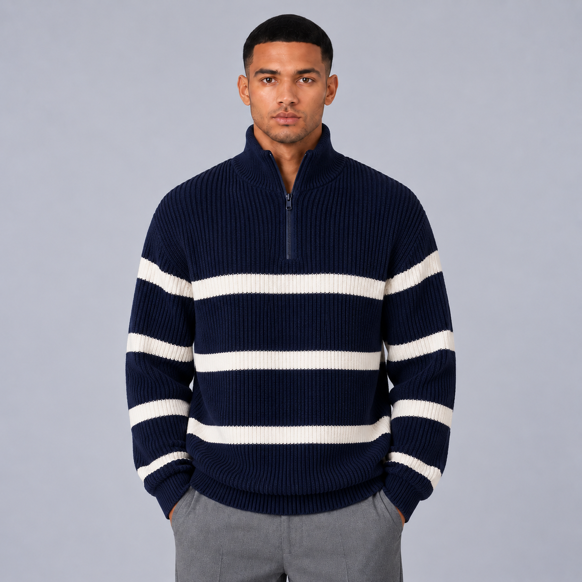 Lovia | Warme Gestreepte Half-Zip Trui – Hoge Kraag en Oversized Pasvorm