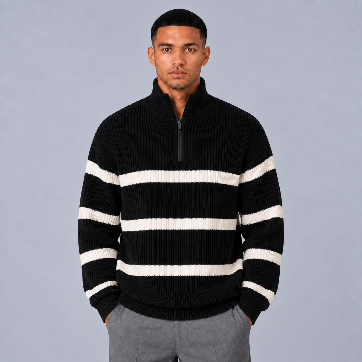 Lovia | Warme Gestreepte Half-Zip Trui – Hoge Kraag en Oversized Pasvorm