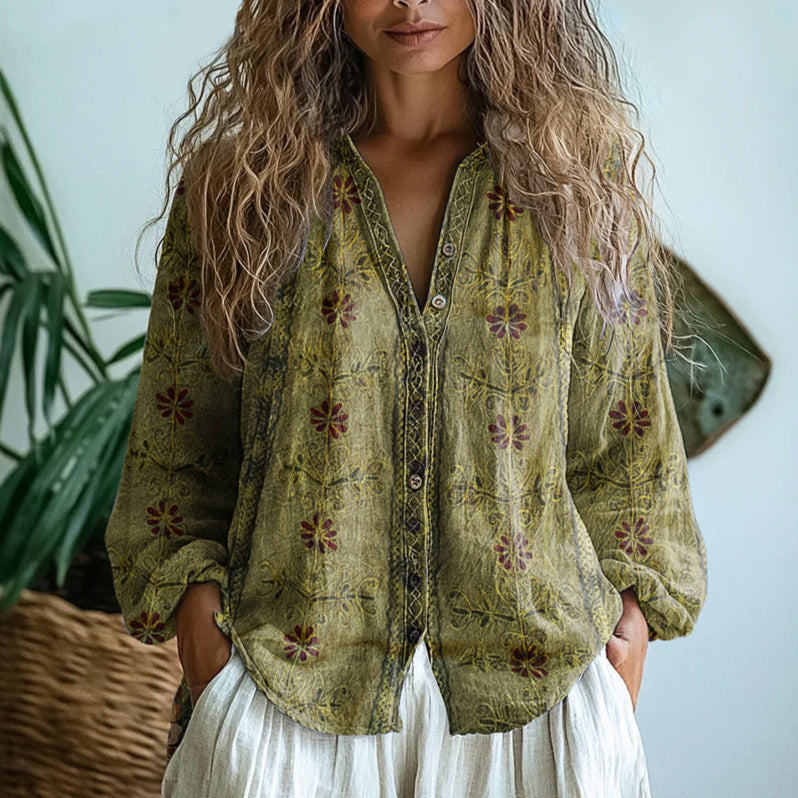 Lovia - Boho Linnen Blouse Dames met Bloemenprint en V-hals