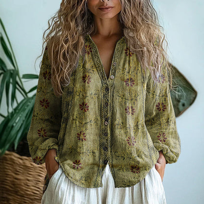 Lovia - Boho Linnen Blouse Dames met Bloemenprint en V-hals