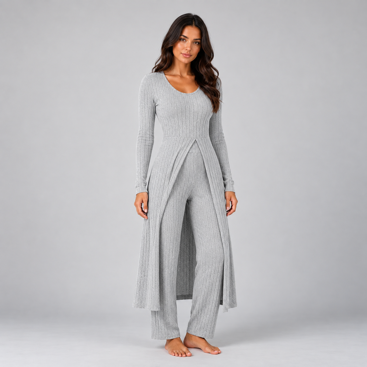 Lynn | Dames Loungewear Set Tweedelig – Lang Vest met V-Hals en Wijde Broek