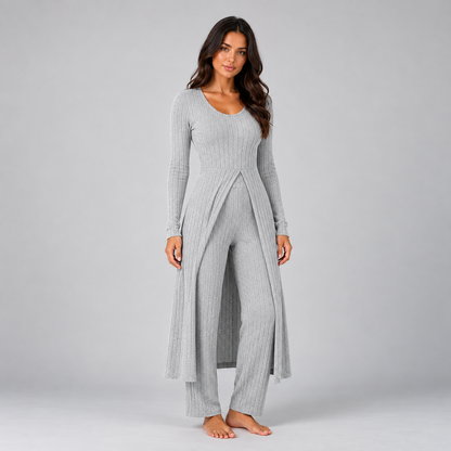 Lynn | Dames Loungewear Set Tweedelig – Lang Vest met V-Hals en Wijde Broek