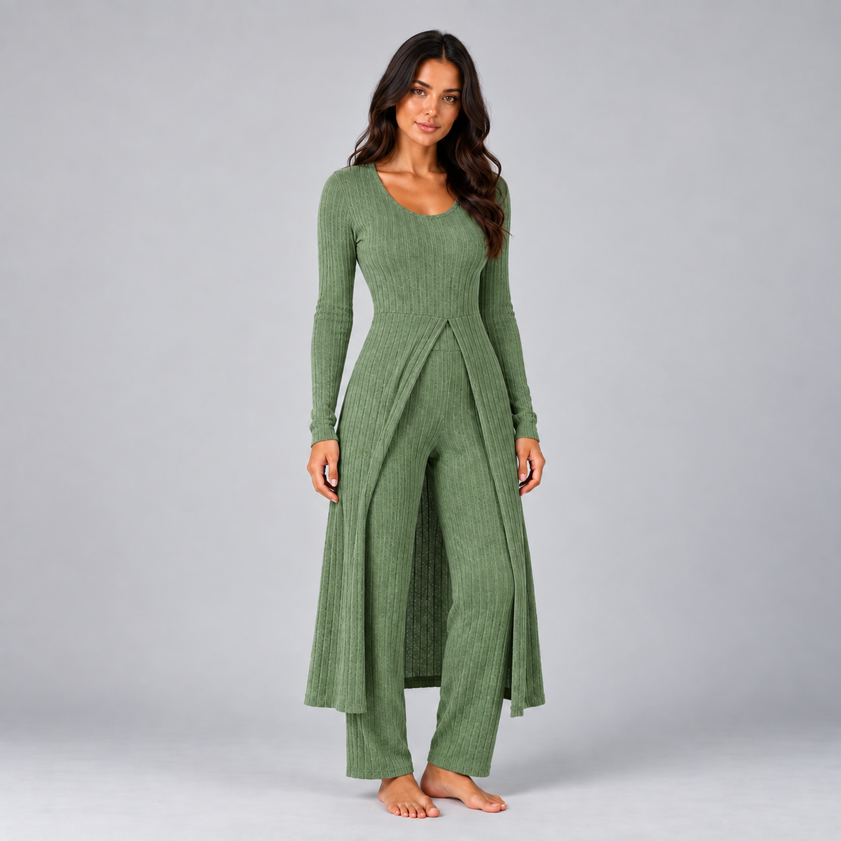 Lynn | Dames Loungewear Set Tweedelig – Lang Vest met V-Hals en Wijde Broek