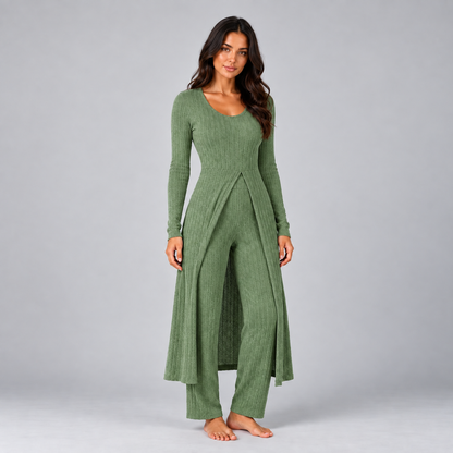 Lynn | Dames Loungewear Set Tweedelig – Lang Vest met V-Hals en Wijde Broek