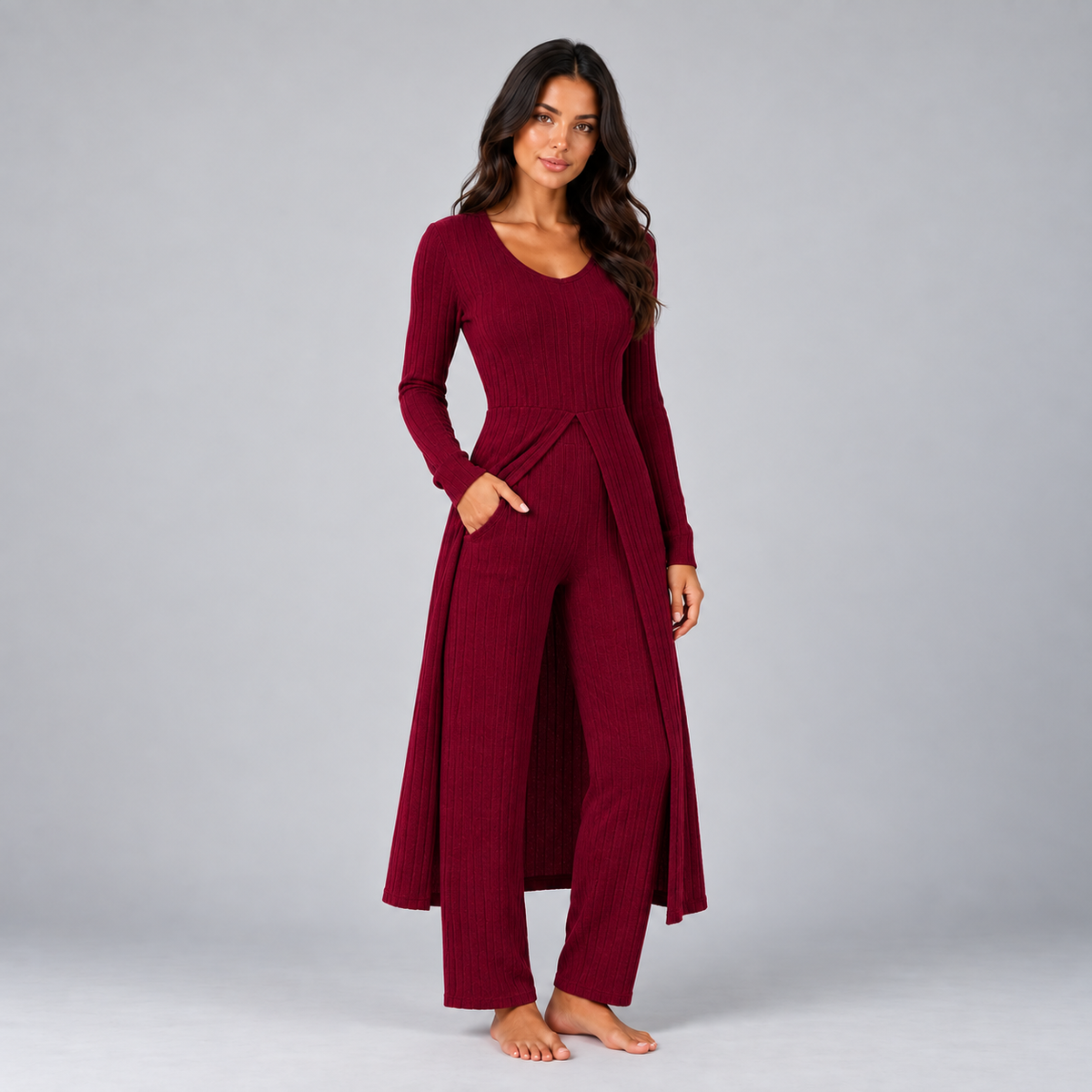 Lynn | Dames Loungewear Set Tweedelig – Lang Vest met V-Hals en Wijde Broek