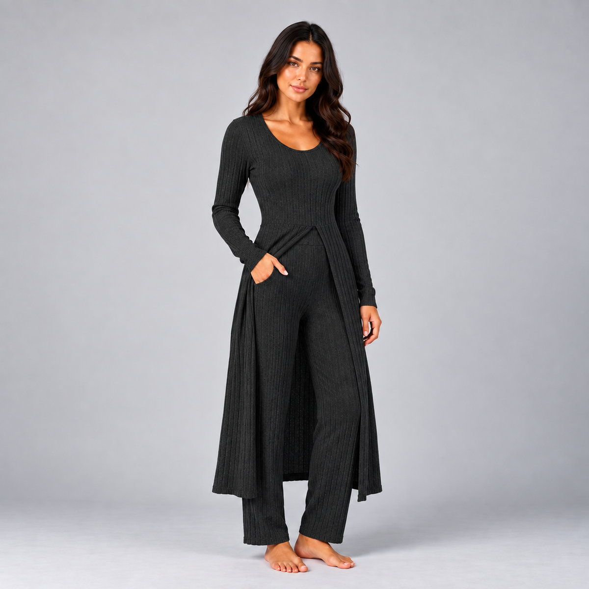 Lynn | Dames Loungewear Set Tweedelig – Lang Vest met V-Hals en Wijde Broek