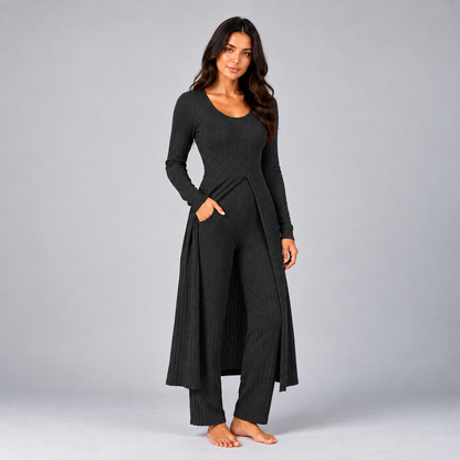 Lynn | Dames Loungewear Set Tweedelig – Lang Vest met V-Hals en Wijde Broek