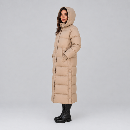 Manon | Dames Pufferjas Lang – Warme Capuchon en Hoge Kraag