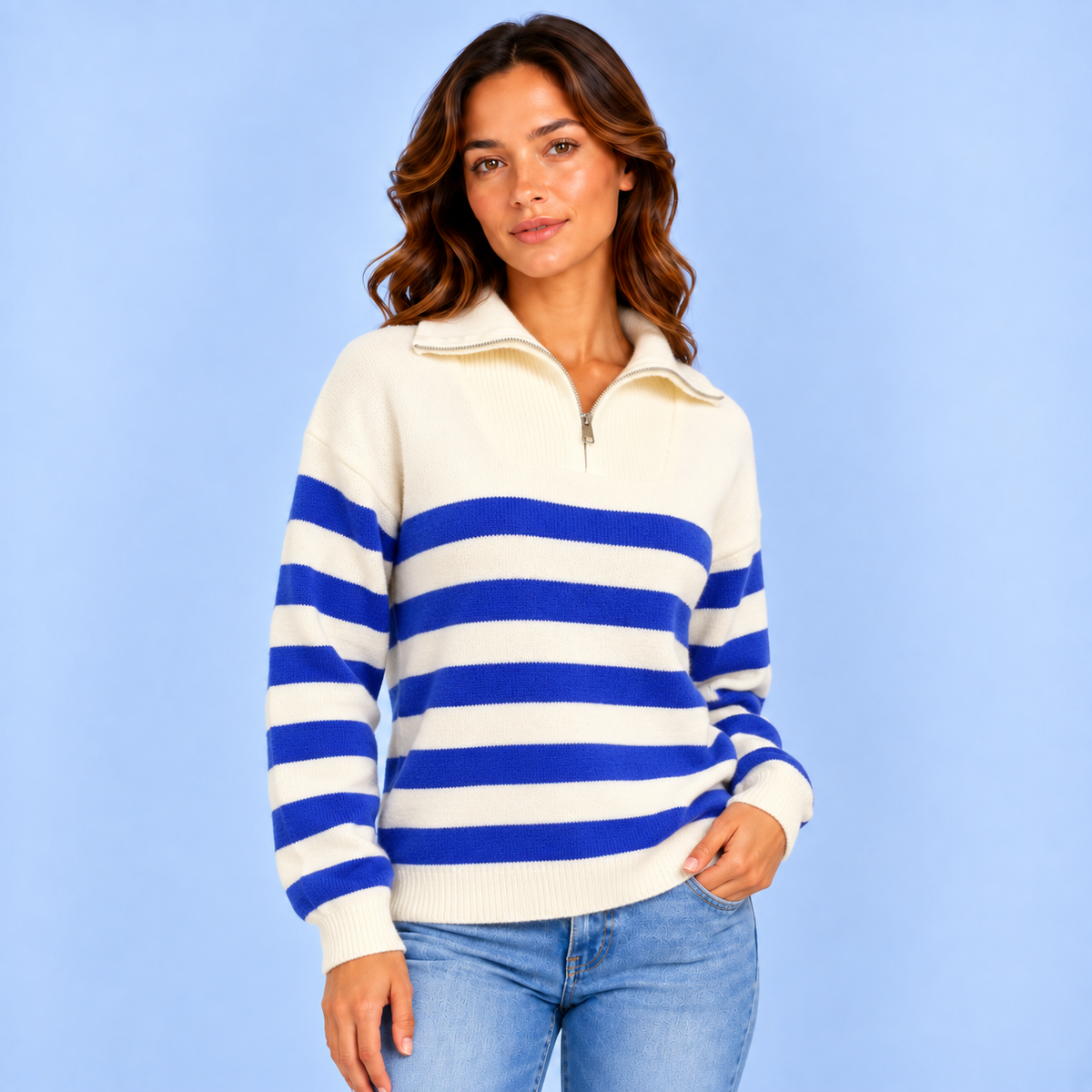Marit | Dames Quarter-Zip Trui Gestreept – Opstaande Kraag en Comfortabele Pasvorm