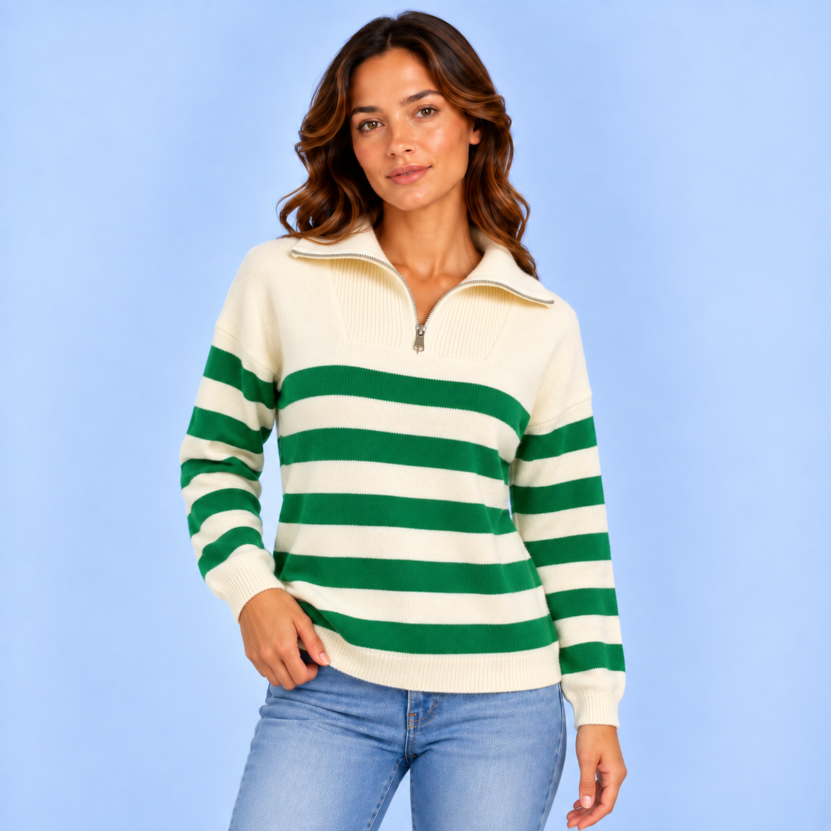 Marit | Dames Quarter-Zip Trui Gestreept – Opstaande Kraag en Comfortabele Pasvorm