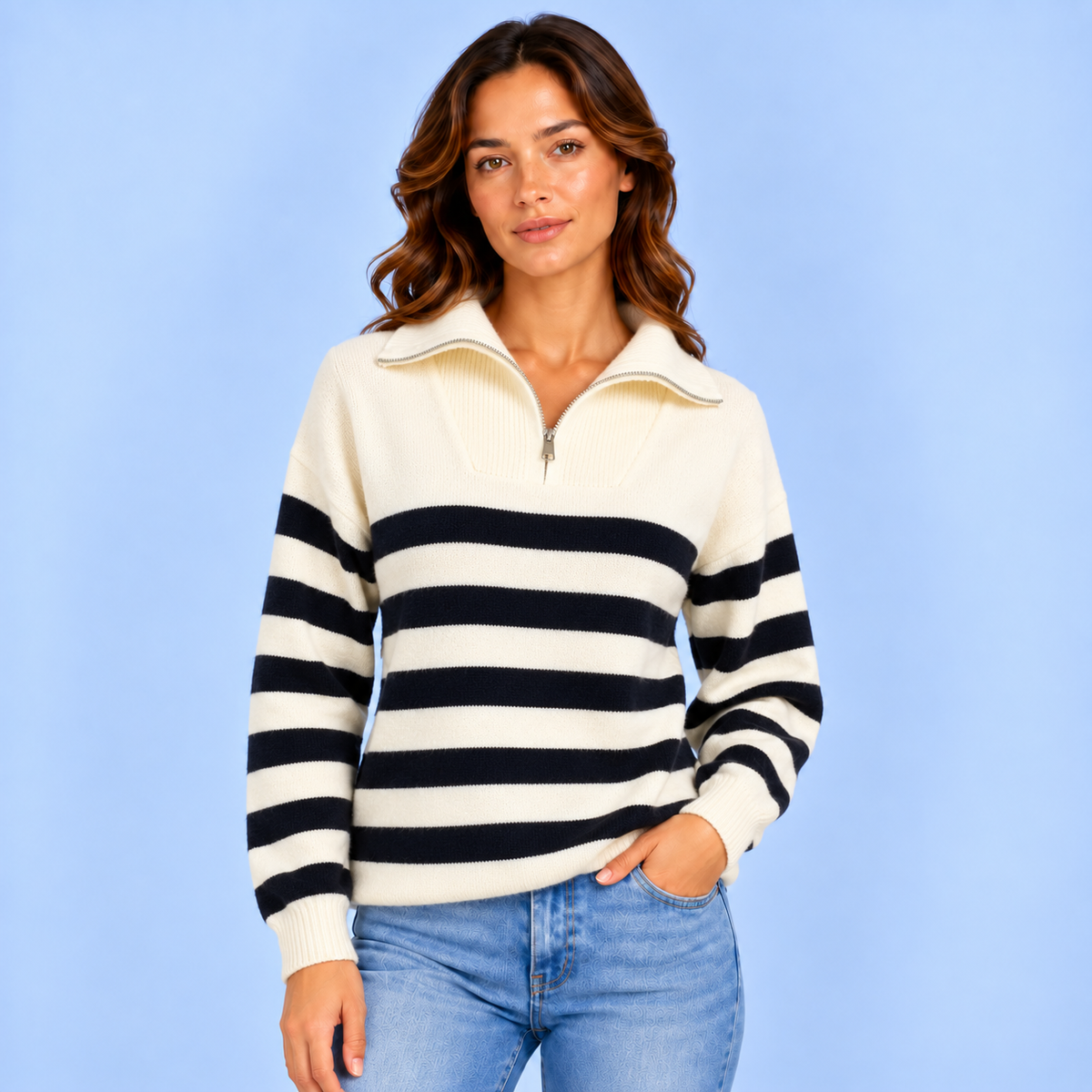 Marit | Dames Quarter-Zip Trui Gestreept – Opstaande Kraag en Comfortabele Pasvorm