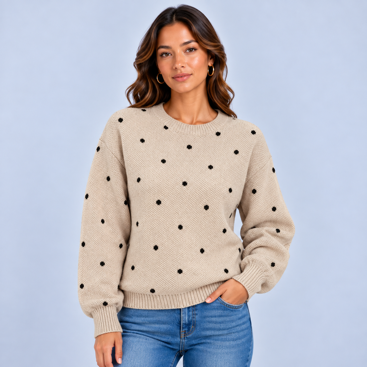 Marit | Dames Trui met Stippenprint – Zacht en Warm met Ronde Hals