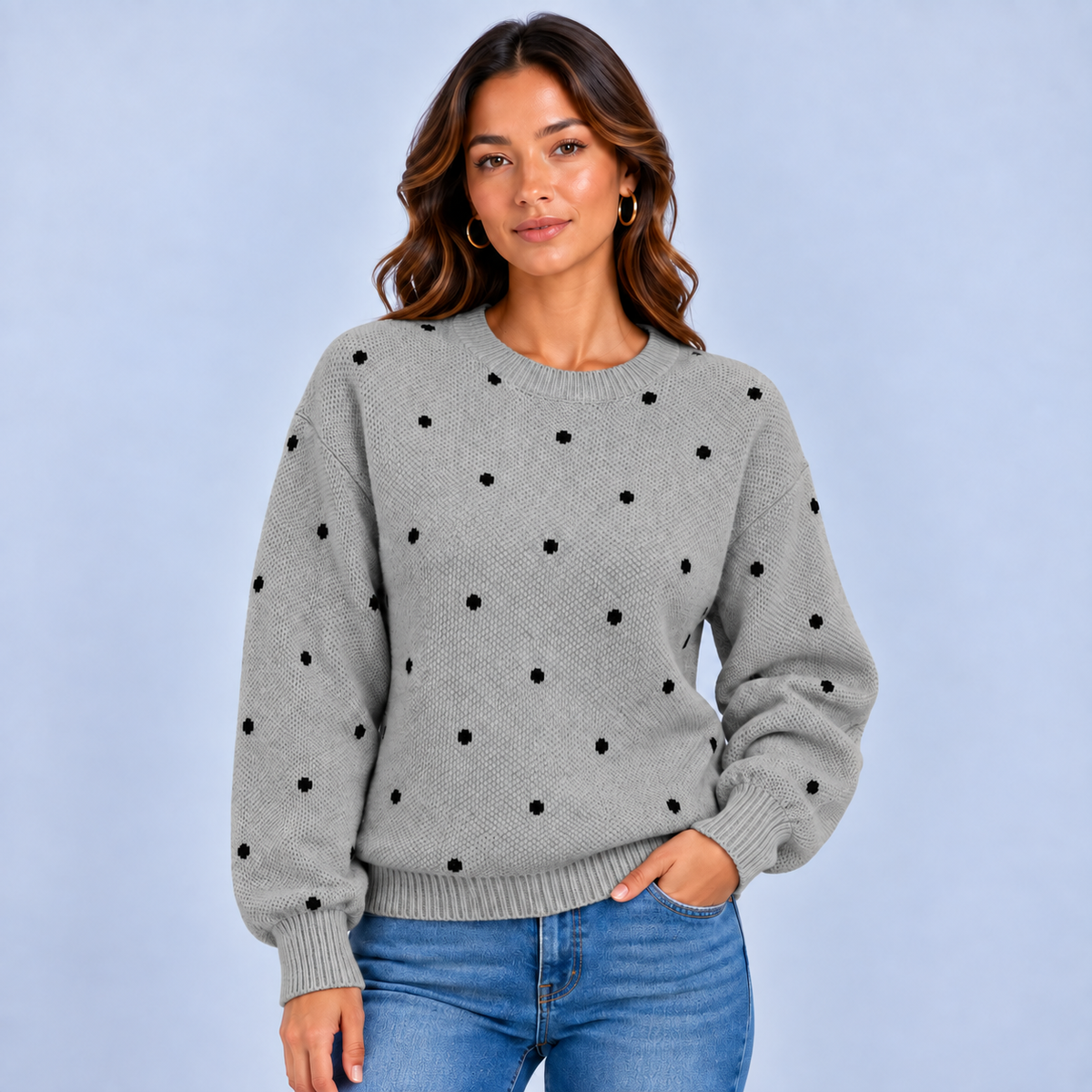 Marit | Dames Trui met Stippenprint – Zacht en Warm met Ronde Hals
