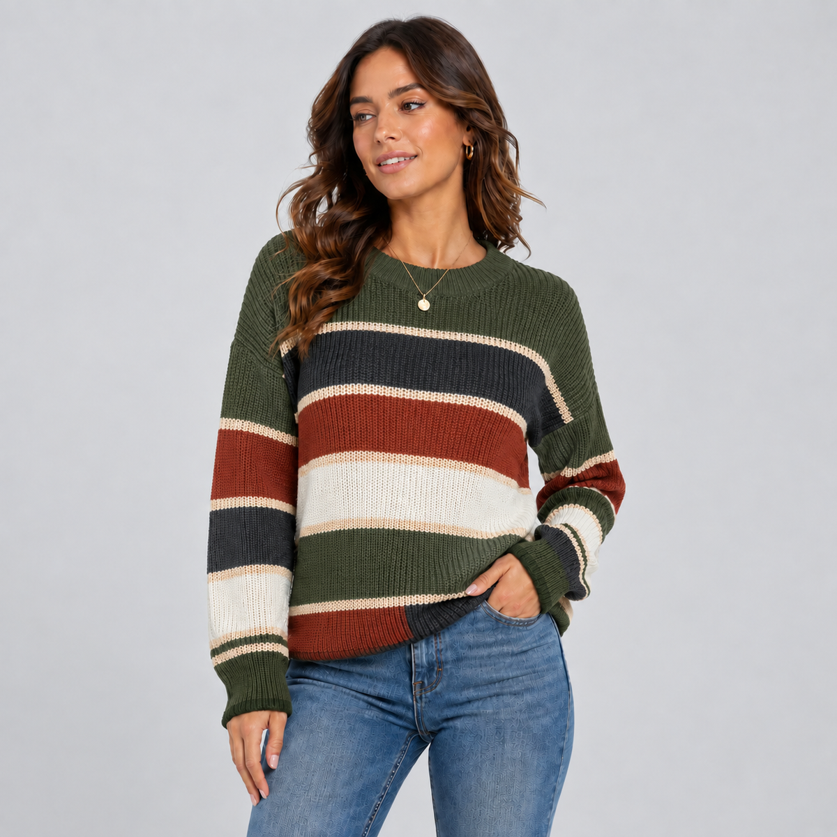 Noa | Oversized Gestreepte Trui – Ronde Hals en Ballonmouwen