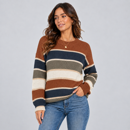 Noa | Oversized Gestreepte Trui – Ronde Hals en Ballonmouwen