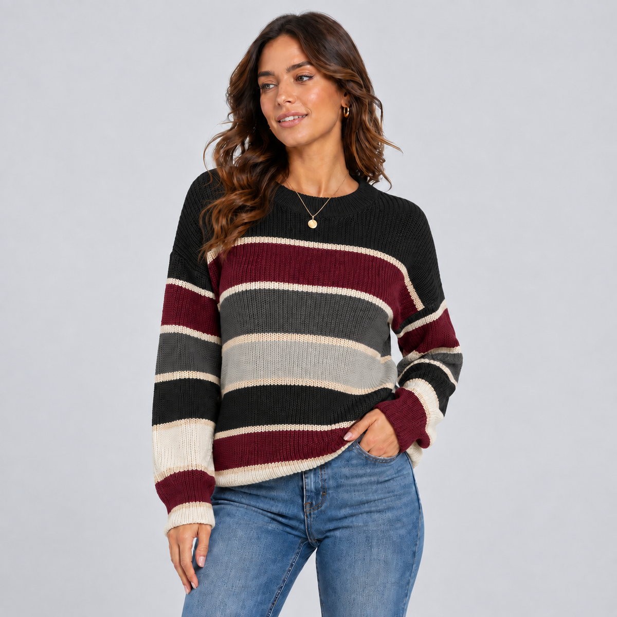 Noa | Oversized Gestreepte Trui – Ronde Hals en Ballonmouwen