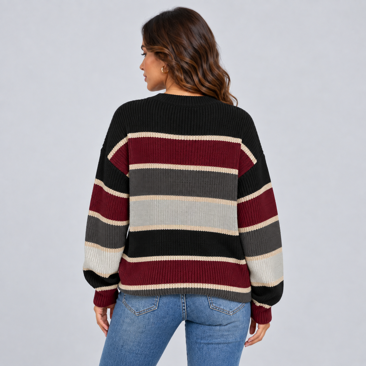 Noa | Oversized Gestreepte Trui – Ronde Hals en Ballonmouwen
