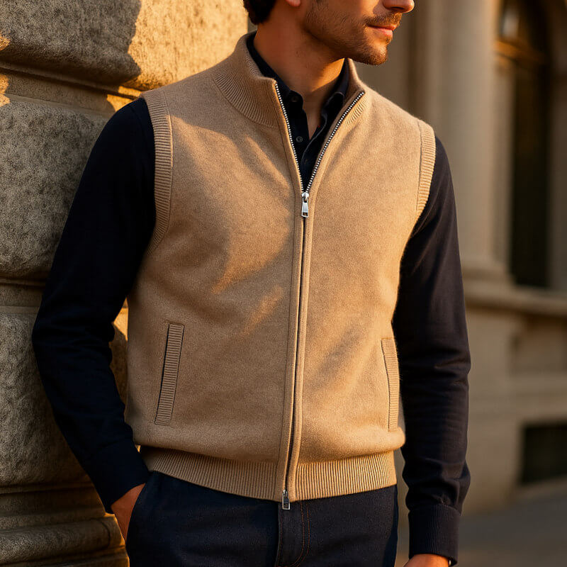 Rick | Mouwloos Gilet in Cashmere Stijl – Opstaande Kraag en Volledige Rits