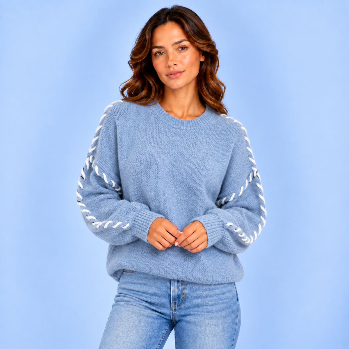 Roos | Dames Oversized Trui Grof Gebreid – Warme Ronde Hals en Contraststiksel