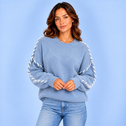 Roos | Dames Oversized Trui Grof Gebreid – Warme Ronde Hals en Contraststiksel