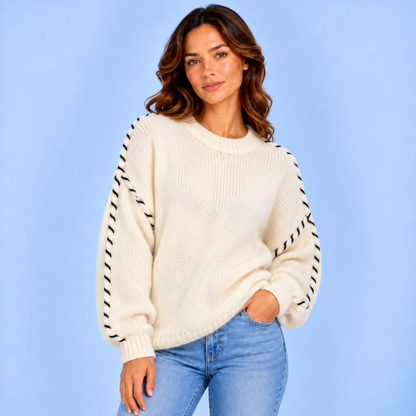 Roos | Dames Oversized Trui Grof Gebreid – Warme Ronde Hals en Contraststiksel