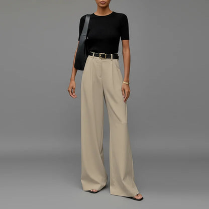 Roos | Dames Pantalon Hoge Taille – Wijde Pijp met Ceintuur en Plooidetails