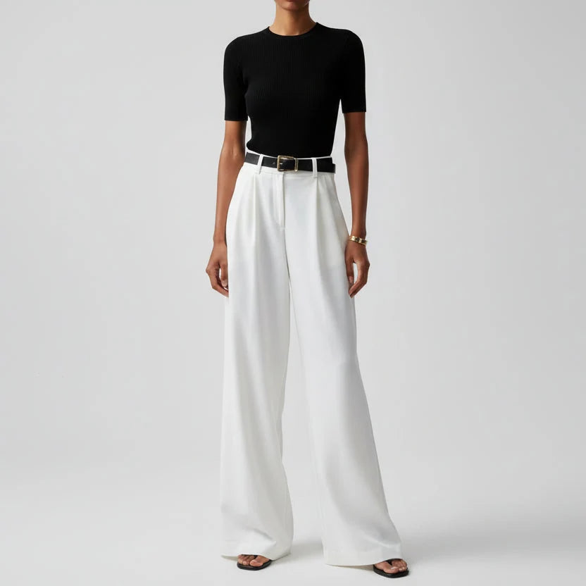 Roos | Dames Pantalon Hoge Taille – Wijde Pijp met Ceintuur en Plooidetails