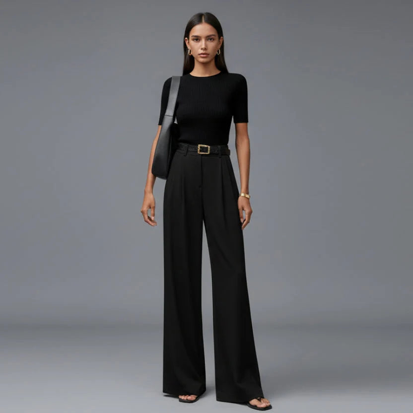 Roos | Dames Pantalon Hoge Taille – Wijde Pijp met Ceintuur en Plooidetails