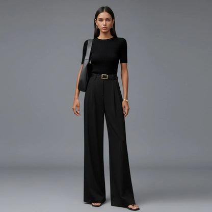 Roos | Dames Pantalon Hoge Taille – Wijde Pijp met Ceintuur en Plooidetails