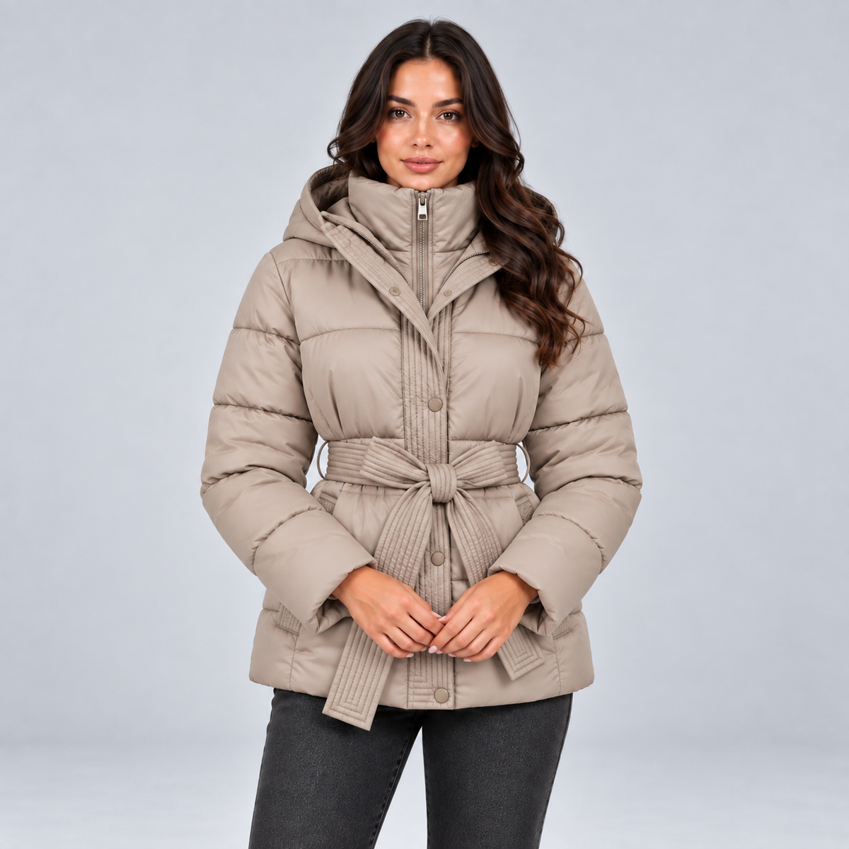 Rosalie | Dames Pufferjas Getailleerd – Warme Capuchon en Strikceintuur