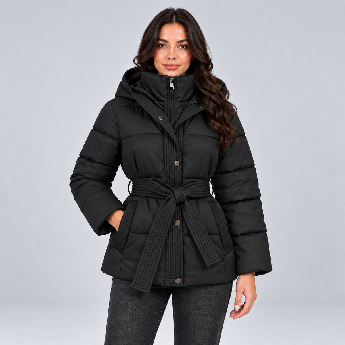 Rosalie | Dames Pufferjas Getailleerd – Warme Capuchon en Strikceintuur