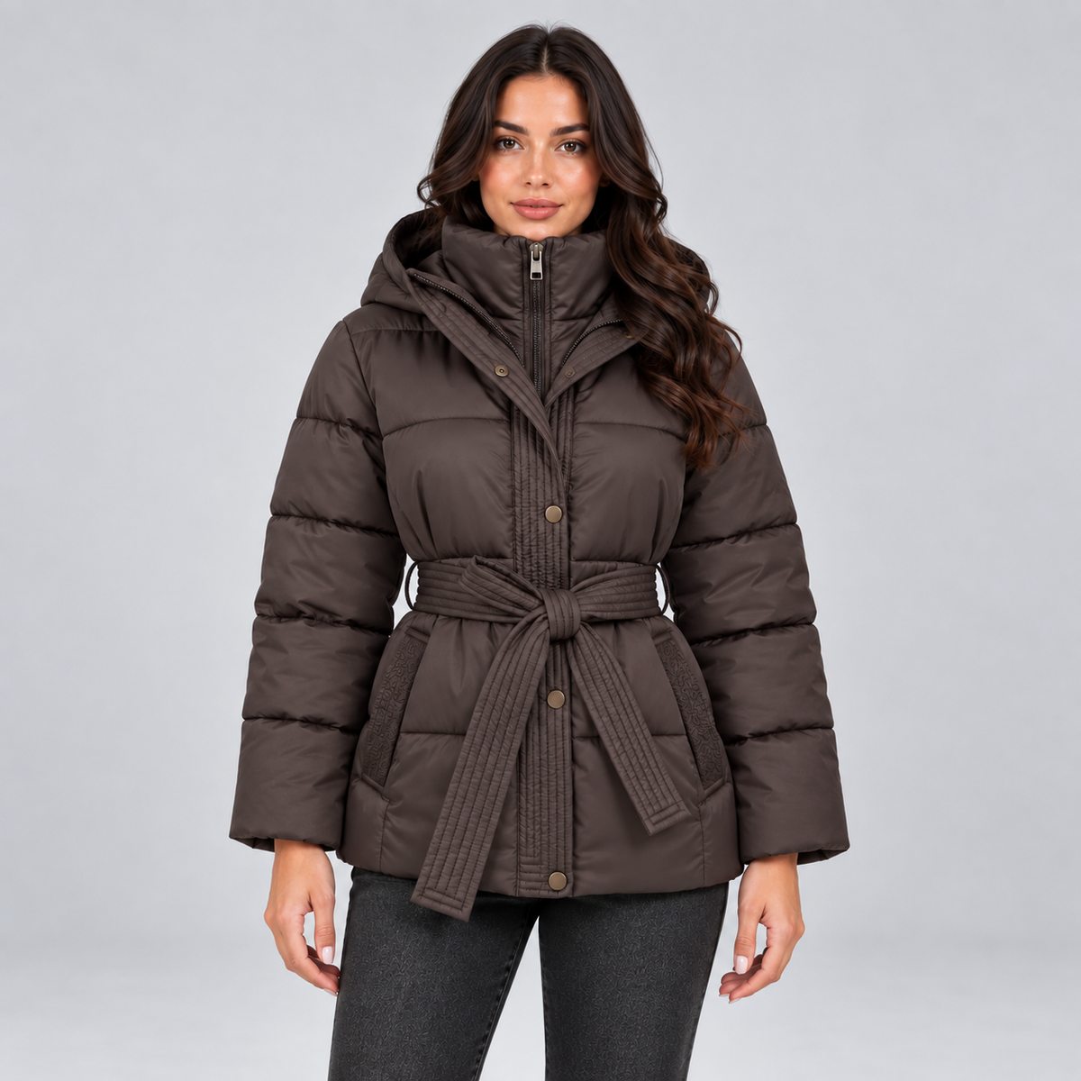 Rosalie | Dames Pufferjas Getailleerd – Warme Capuchon en Strikceintuur