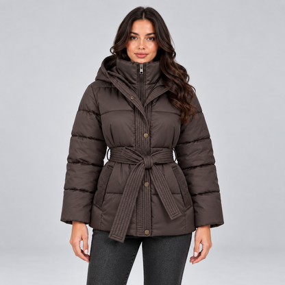 Rosalie | Dames Pufferjas Getailleerd – Warme Capuchon en Strikceintuur