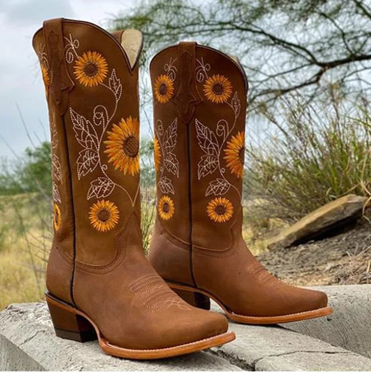 Sanne | Dames Cowboylaarzen Western – Zonnebloemborduursel en Vierkante Neus