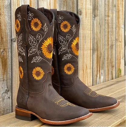 Sanne | Dames Cowboylaarzen Western – Zonnebloemborduursel en Vierkante Neus