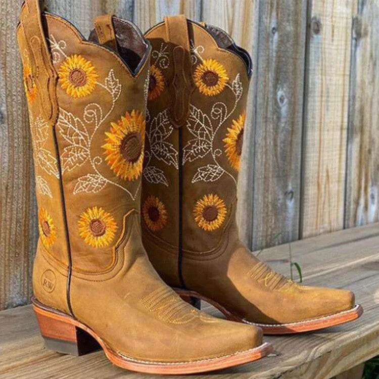 Sanne | Dames Cowboylaarzen Western – Zonnebloemborduursel en Vierkante Neus