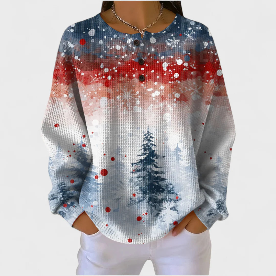 Sara | Dames Kersttrui Gebreide Stijl – Knoopsluiting en Winters Dennenmotief
