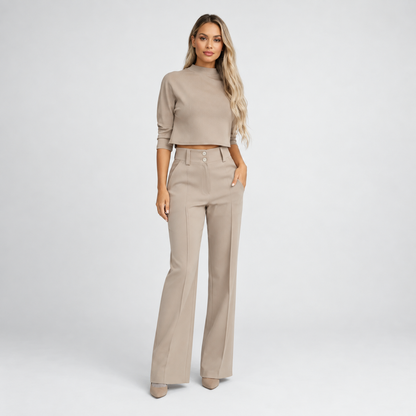 Sara | Dames Co-ord Set Elegant – Crop Top en Wijde Broek met Hoge Taille