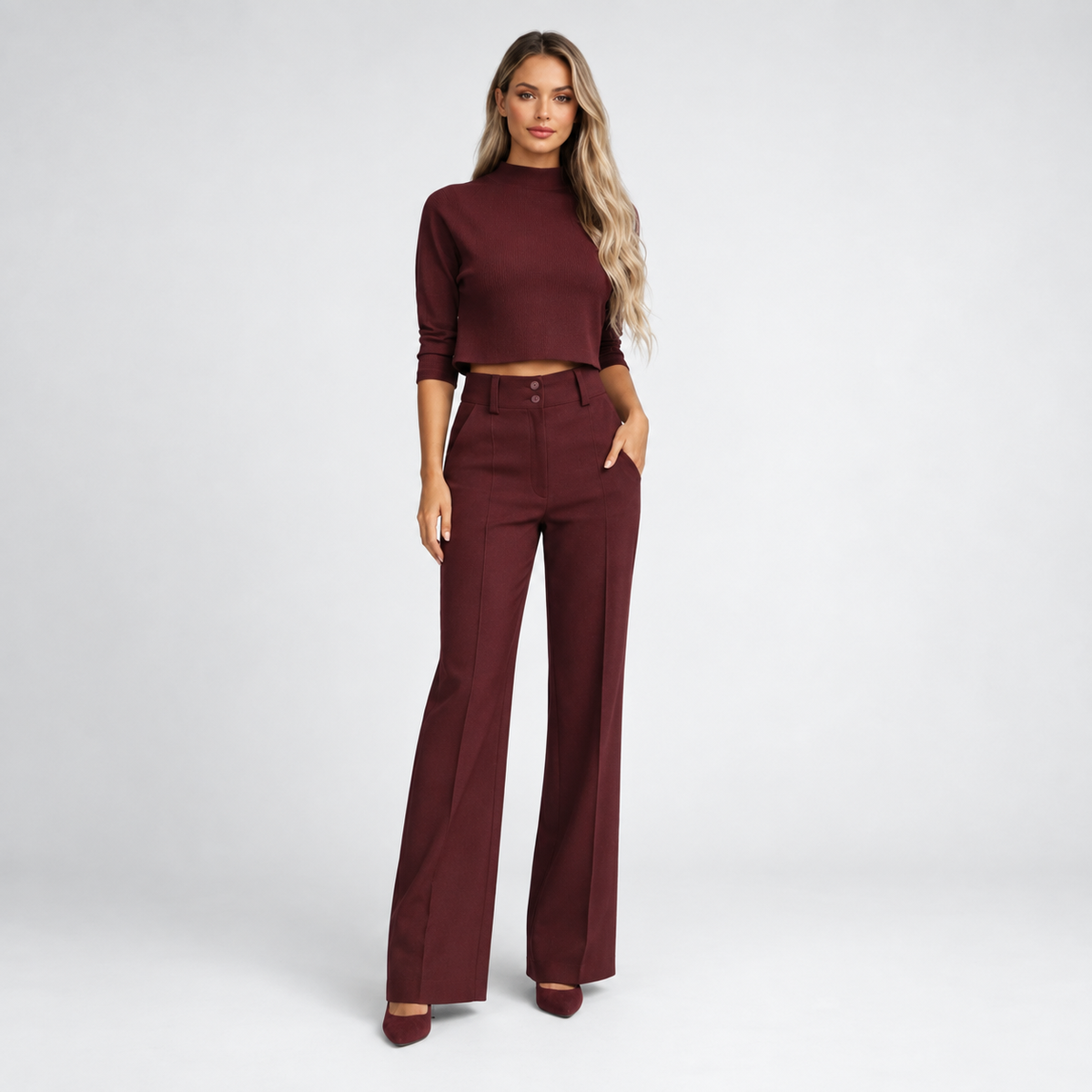 Sara | Dames Co-ord Set Elegant – Crop Top en Wijde Broek met Hoge Taille