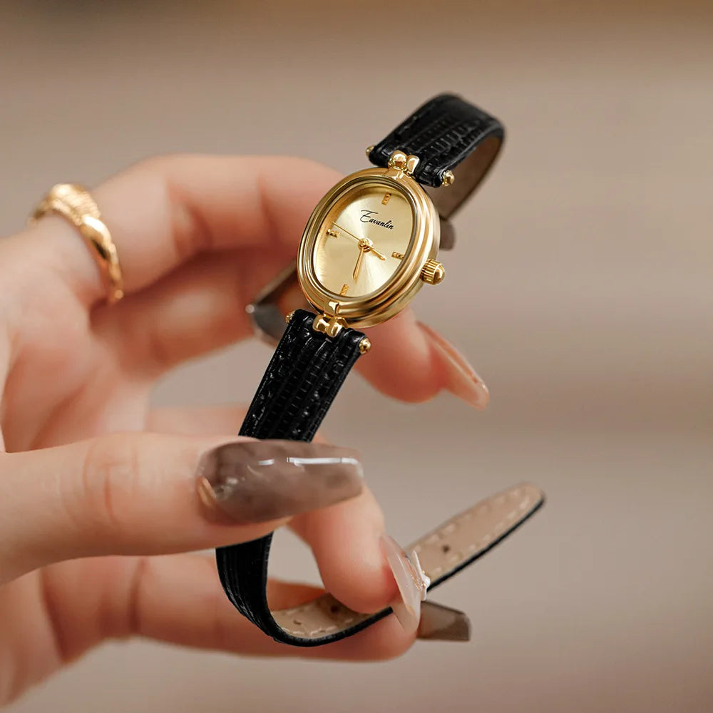 Stijlvolle Dames Gouden Horloge Met Klassieke Leren Band