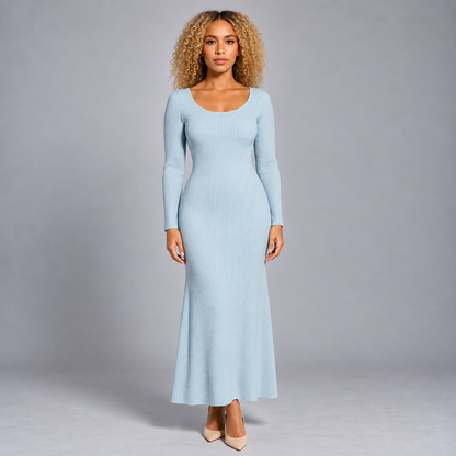 Sofie | Dames Maxi Jurk – Ronde Hals met Lange Mouwen en Ribstructuur