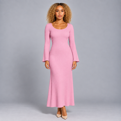 Sofie | Dames Maxi Jurk – Ronde Hals met Lange Mouwen en Ribstructuur