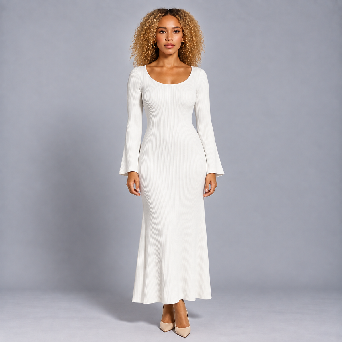 Sofie | Dames Maxi Jurk – Ronde Hals met Lange Mouwen en Ribstructuur