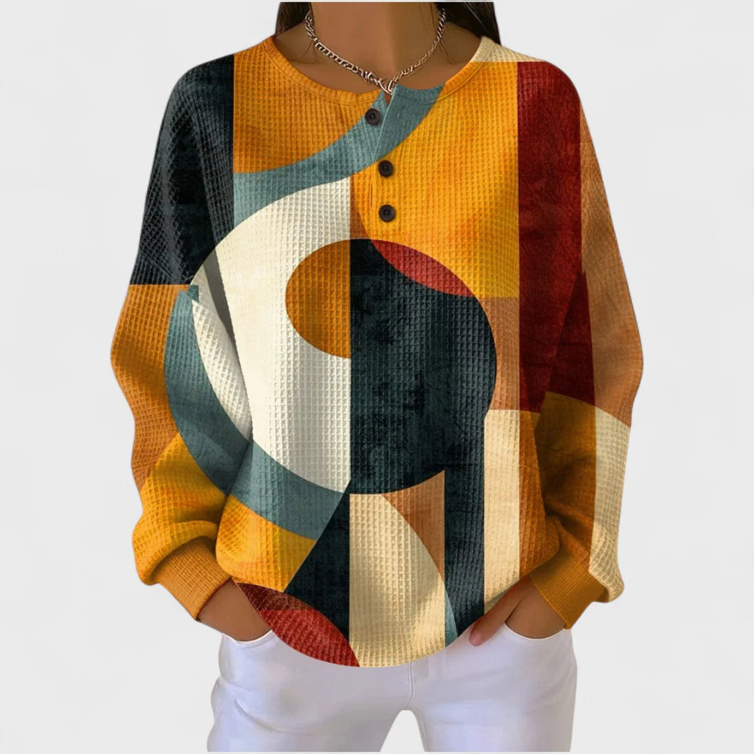 Sofie | Dames Trui Gebreide Stijl – Knoopsluiting en Abstracte Print