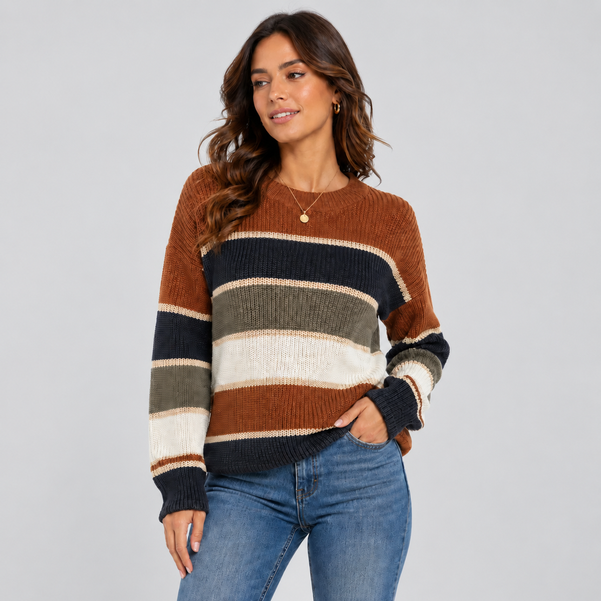 Sofie | Oversized Gestreepte Trui – Ronde Hals en Warme Kleurblokken