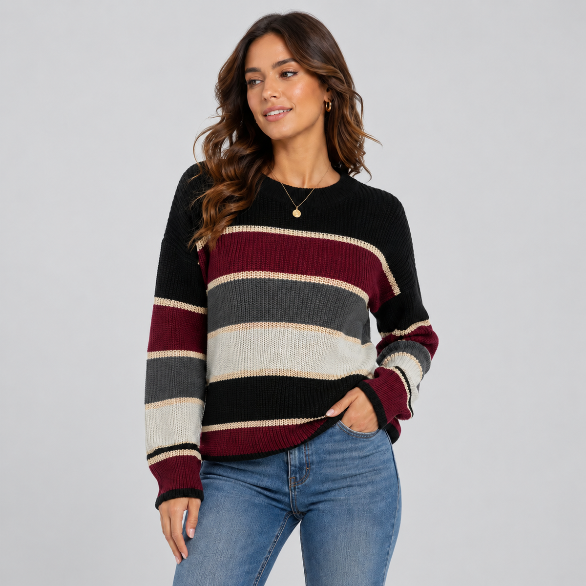 Sofie | Oversized Gestreepte Trui – Ronde Hals en Warme Kleurblokken