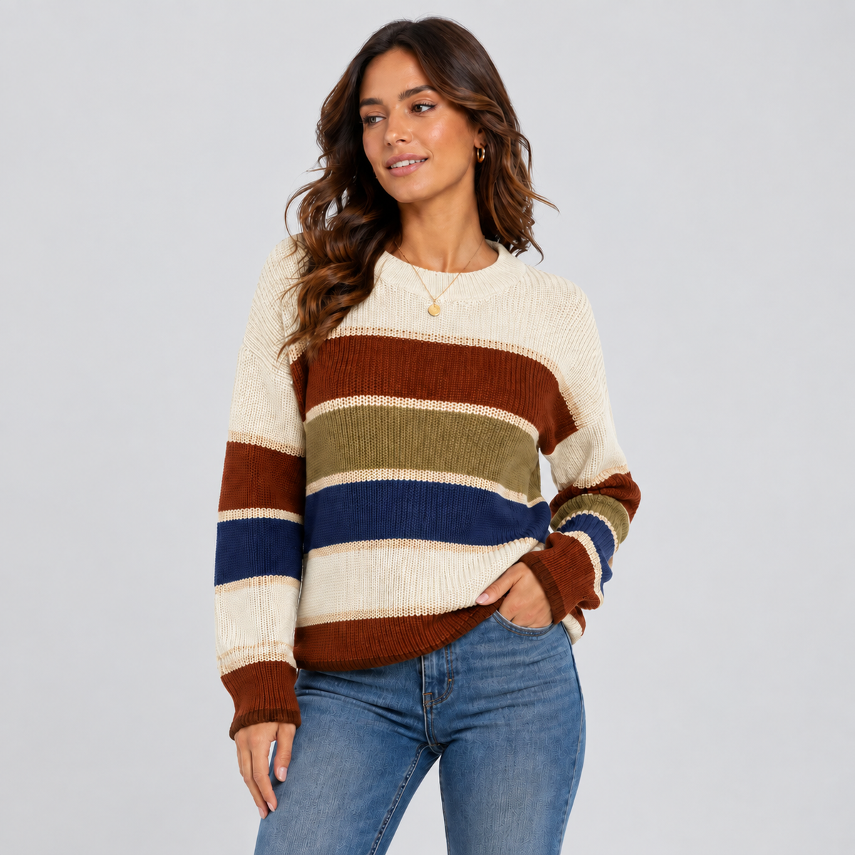 Sofie | Oversized Gestreepte Trui – Ronde Hals en Warme Kleurblokken