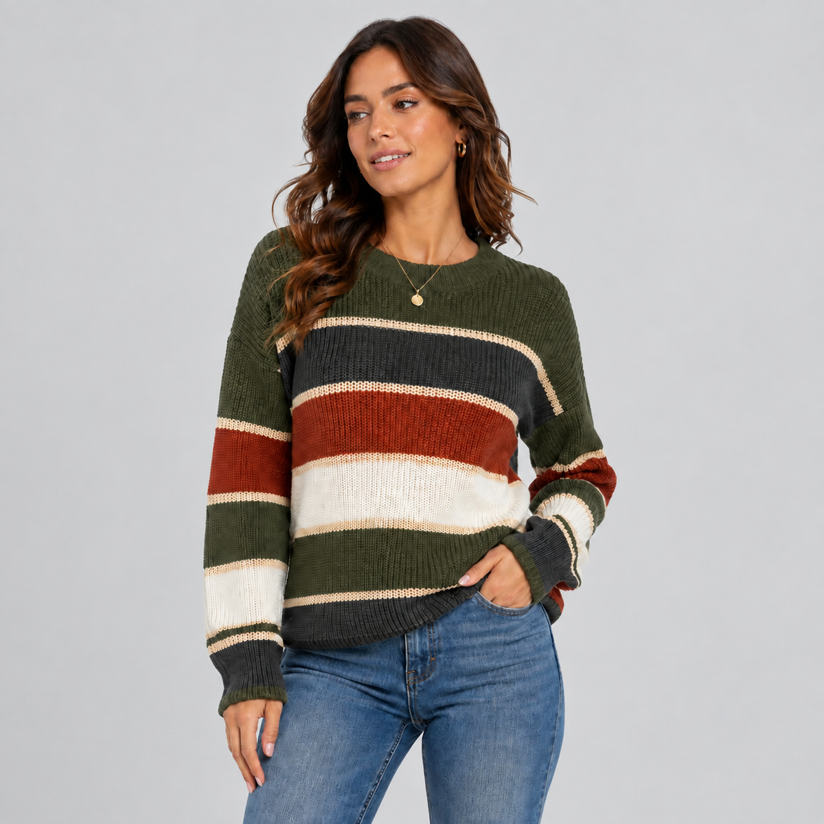 Sofie | Oversized Gestreepte Trui – Ronde Hals en Warme Kleurblokken