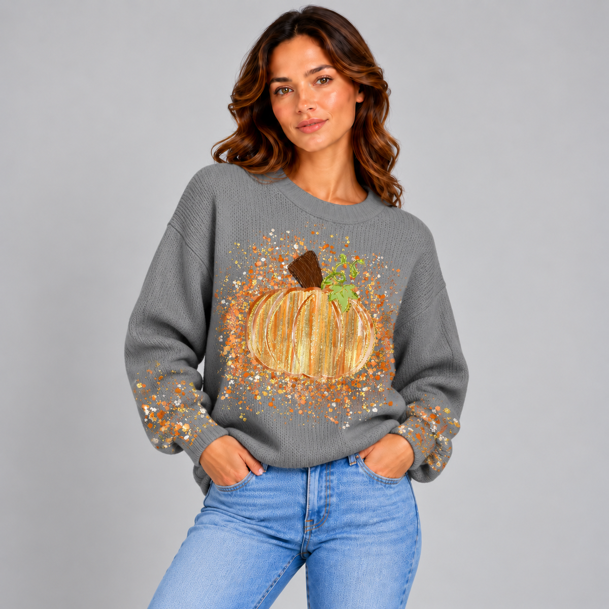 Tess | Dames Halloween Trui Relaxed – Manchetten met Panterprint en Pompoenmotief