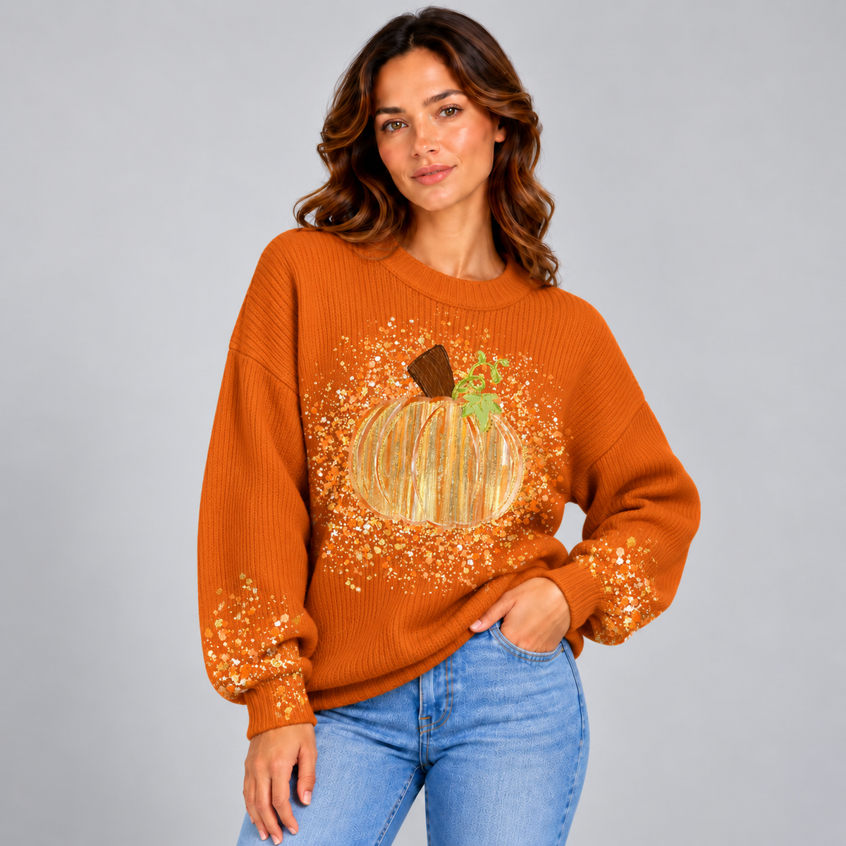 Tess | Dames Halloween Trui Relaxed – Manchetten met Panterprint en Pompoenmotief